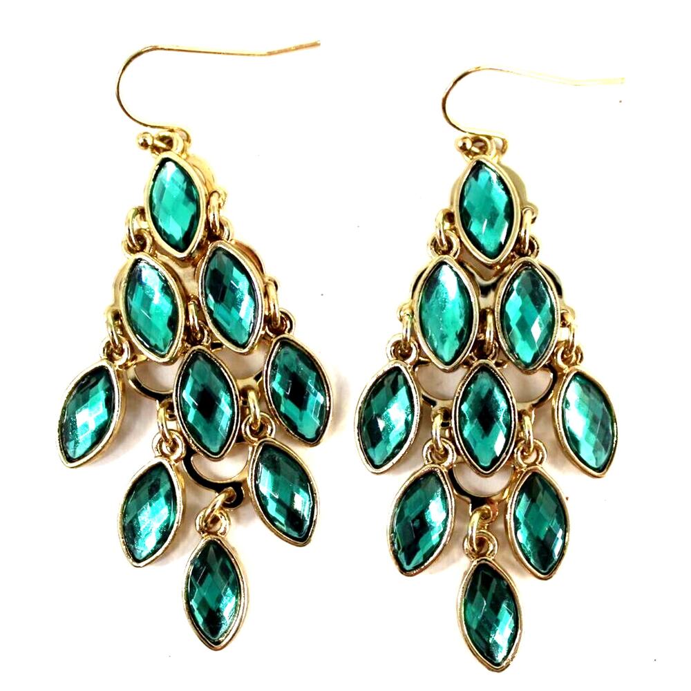 Emerald Green Faux Gem Earrings • Moving Marquis Drops • Goldtone • 2.5" Long